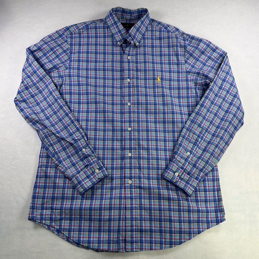 Ralph Lauren Mens Blue Plaid Button Down Shirt Cotton Long Sleeve Large L